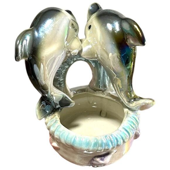 Vintage Iridescent Lustreware Ceramic Blue Dolphins on Trinket Bowl 1960s - Picture 7 of 11